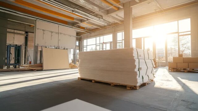 Stack of drywall sheets on wooden pallets inside bright construction site with sunlight streaming through large windows, showcasing building materials and interior renovation pallet storage