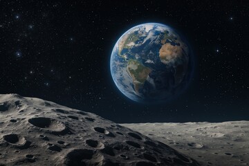 Earth rising above moon surface view from space with starry background
