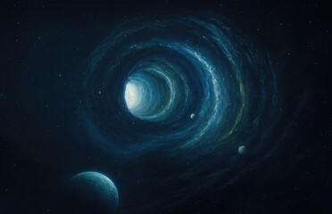 Fototapeta premium Cosmic wormhole vortex with glowing light and planets in deep space 
