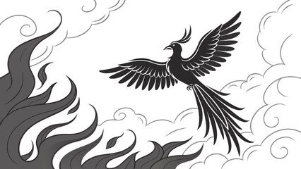 Vector art of a phoenix rising from the ashes, a mythical bird engulfed in flames, symbolizing rebirth and transformation
