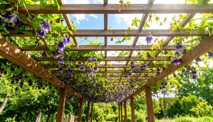 Wooden pergola canopy with blooming purple flowers in summer garden