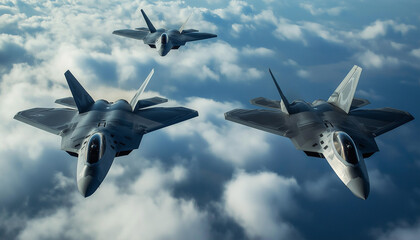 AI generator images of Fighter aircraft, air defense Extremely close view of Raptor flying over clouds