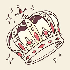 Vector art of elegant crown with red gems and sparkling stars, a symbol of royalty and power