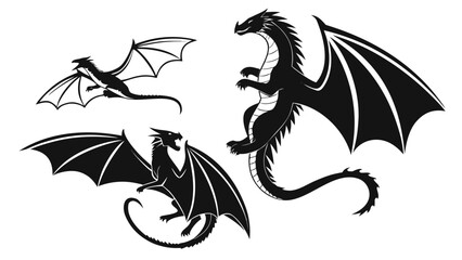 Vector art of set of dragon silhouettes in different poses