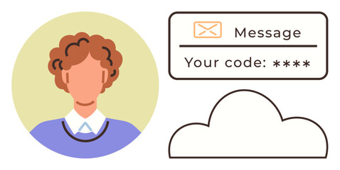 Person receiving a secure code via message for login verification, accompanied by a cloud symbol. Ideal for security, authentication, technology, cloud storage, data privacy, identity verification