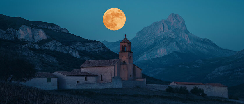AI generator images of Full Moon Rising over Mountain, Night sky background seen through stars and clouds. church on Mountain