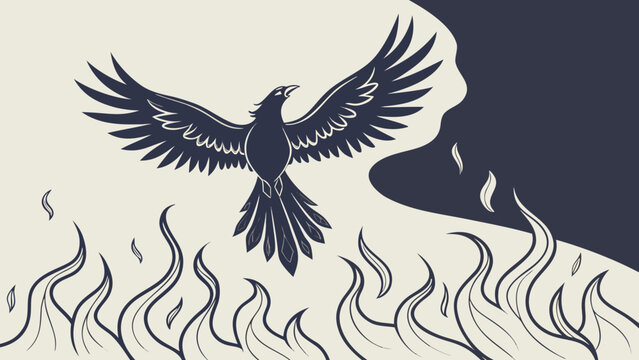 Vector art of phoenix rising from the ashes, a symbol of rebirth, power, and magic in a dark and abstract design