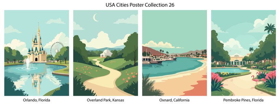 Orlando, Florida , Overland Park, Kansas , Oxnard, California , Pembroke Pines, Florida  Flat Vector Poster Collection