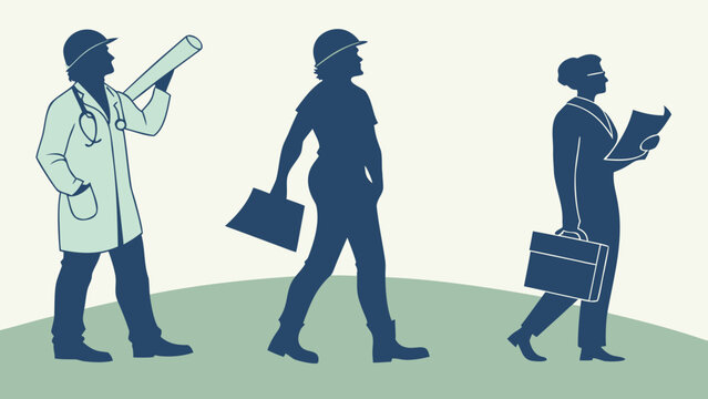 Vector art of silhouettes of a doctor, engineer, and businesswoman representing different professions and career paths on a