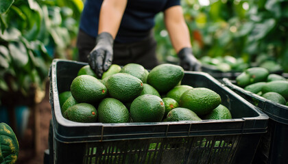 AI generator image of Farmers loading the truck with full avocado´s boxes. Harvest Season ,Hands holding green avocados against the background of full avocado box on the ground among trees, Many fresh