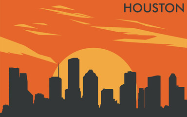 Obraz premium a silhouette of the Houston city skyline against the background of a stylized yellow sunset or sunrise with an orange sky and abstract clouds