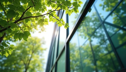 Modern green building with tree reflection in windows. Eco style architecture with glass facade. Clean energy construction with garden. Sustainable development, environmental protection. Natural