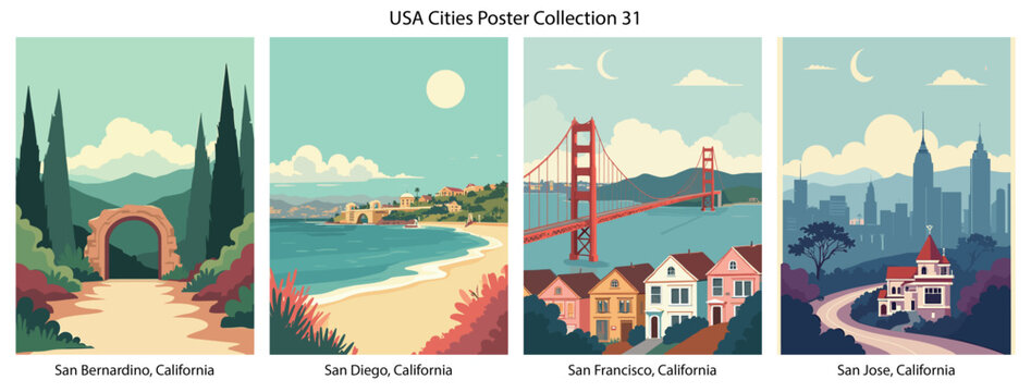 San Bernardino, California , San Diego, California , San Francisco, California , San Jose, California  Flat Vector Poster Collection