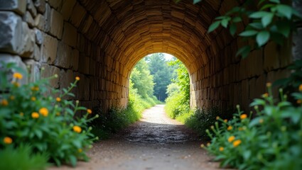 A stone archway tunnel leads to a verdant pathway, bathed in natural light.