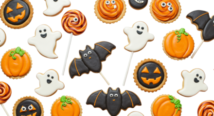 Halloween cookies shaped as ghosts pumpkins bats isolated on white background