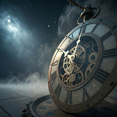 Naklejka premium Mechanical orbit of forgotten time, gears circling endlessly in silence, symbolizing memory, decay, eternity, lost ages, and cosmic inevitability.