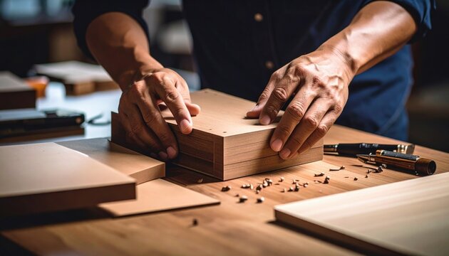 Craftsman Assembling Wooden Block In Workshop
