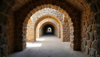 Obraz premium A long, arched passageway lined with weathered stone creates a sense of depth and antiquity.