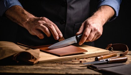 Craftsman Carefully Cutting Leather With Knife