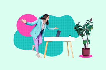 Trendy zine poster photo collage of happy businesswoman businessman stand laptop freelancer occupation it-specialist worker