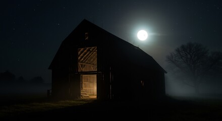 A silhouetted barn at night with a bright moon The barn door is open revealing the interior A bare tree is beside the barn