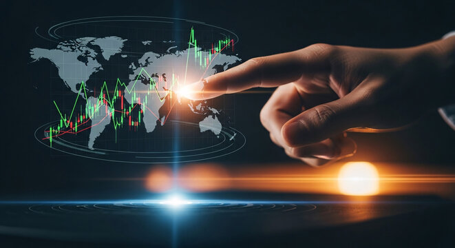 Hand interacting with a futuristic holographic world map and financial data