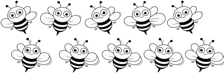 Cartoon bees vector illustration, cute flying insects, black and white bee clipart, children’s design, seamless pattern, honey theme