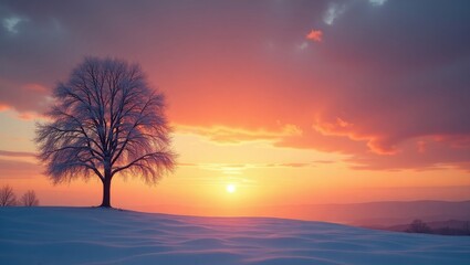 Fototapeta premium A solitary tree stands sentinel on a snowy hilltop, bathed in the warm hues of a winter sunset.
