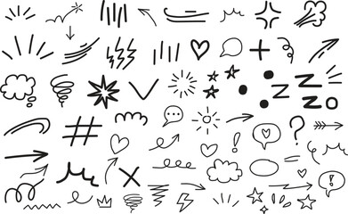 Cute line arrow, star, sketch heart decoration element icon set. Hand drawn sketch doodle cute star, emphasis, flower element. Pen line text decoration shape icon. Hand drawn vector illustration.