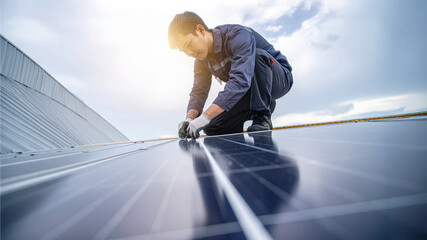 A professional worker installing solar panel under the sunny sky, the energy source for the green future. The worker is concentrated, representing a sustainable life