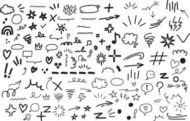 Line marker hand drawn brush arrow element set. Hand drawn sketch doodle style arrow, cloud, star with marker stroke pencil highlight. Cute handwritten crown, heart, star line brush art design. Vector