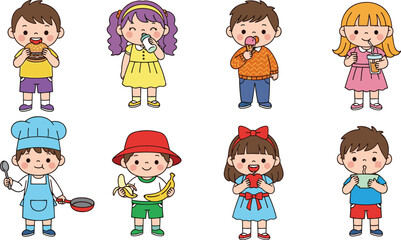 Cartoon kids eating food, drinking milk, cooking, holding snacks, banana, ice cream, colorful outfits, vector illustration, healthy lifestyle, children