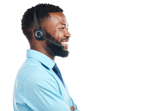 Customer Support Representative Looking Sideways, Wearing Headset, PNG - Powered by Adobe