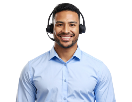 Smiling African American Male Call Center Operator with Headset, Front Portrait PNG