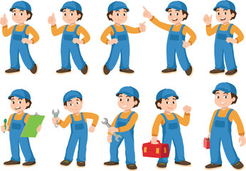 Cartoon male worker character, colorful outfit, various poses, pointing, thumbs up, holding wrench, clipboard, toolbox, smiling, vector illustration