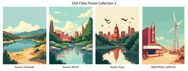Aurora, Colorado , Aurora, Illinois , Austin, Texas , Bakersfield, California  Flat Vector Poster Collection