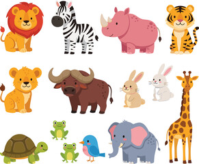 Cartoon wild animals, lion, zebra, rhino, tiger, giraffe, elephant, rabbit, turtle, buffalo, frog, bird, cute drawing