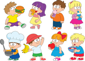 Cute cartoon children eating food, drinking juice, holding fruits, cooking meals, healthy lifestyle, colorful kids illustration, fun food concept, adorable characters
