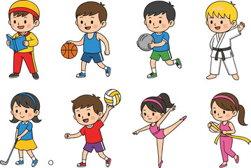 Children engaging in various sports and activities, cartoon kids playing basketball, volleyball, golf, fitness, fun, healthy lifestyle