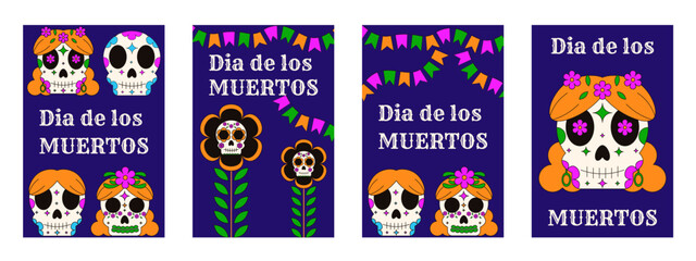 Set Day of the Dead holiday poster cover. Vector illustration of sugar skull flowers ribbon and greeting text. Perfect Mexican Day of the Dead greeting card background brochure collection. EPS 10