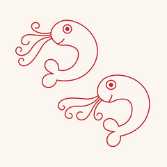 Shrimp drawing on isolated background. Hand drawn icon sketch with graphic funny shrimps, seafood, sea fishing. Design element for logo, template, label, card, poster. Vector flat food illustration