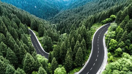 A winding road cutting through an endless green forest, seen from above, symmetry and scale, peaceful journey through natur 