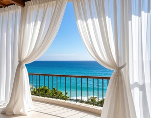 Ocean View Through White Curtains On Balcony
