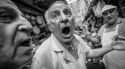Fototapeta premium Elderly men in a bustling market, expressing surprise and excitement, surrounded by fresh produce and vibrant stalls, capturing the lively atmosphere of community interaction