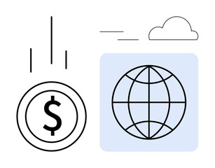 Dollar coin with downward arrows, globe encapsulating connectivity, a cloud symbol, and minimalistic wind graphics. Ideal for global trade, finance, economy, investment, innovation currency simple