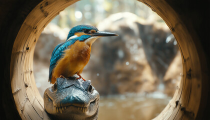 AI generator image of kingfisher bird is sitting on the head of a crocodile, alligator . swimming In the bamboo tunnel, beautiful natural light