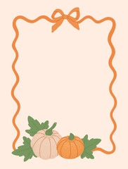 Autumn Frame of bow knot ribbon decorated pumpkin with leaves. Fall season border. Vintage template for greeting cards, invitations, social media. Preppy coquette aesthetic. Holiday background