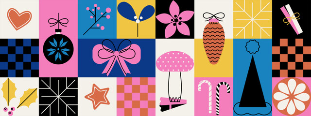 Colorful Christmas geometric pattern. Modern flat grid design with holiday decoration icons, vintage xmas bauble, holly leaves, gingerbread cookie. Abstract mosaic layout for banner, packaging, header