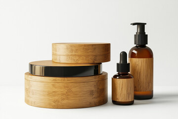 Natural bamboo skincare packaging, clean product display, modern beauty essentials, organic cosmetic containers