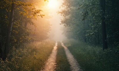 A misty forest path at sunrise or sunset, with golden light filtering through dense trees and illuminating the ground, evoking a serene natural atmosphere.
